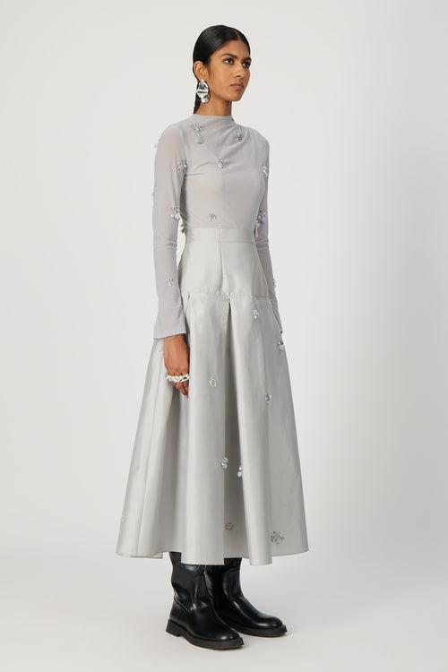 mist grey gravity midi skirt in taffeta