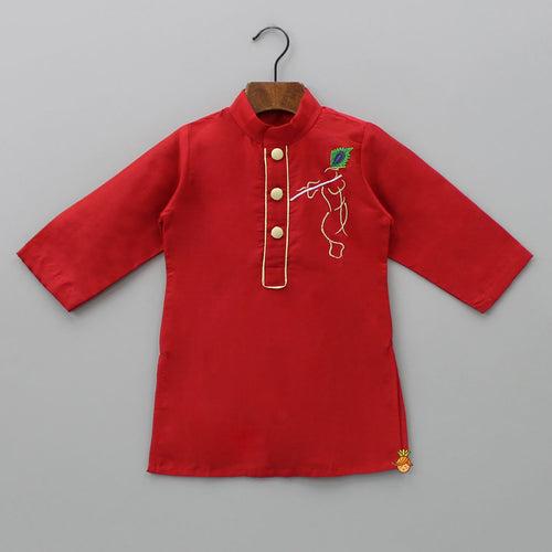 Krishna Embroidered Red Kurta And Dhoti