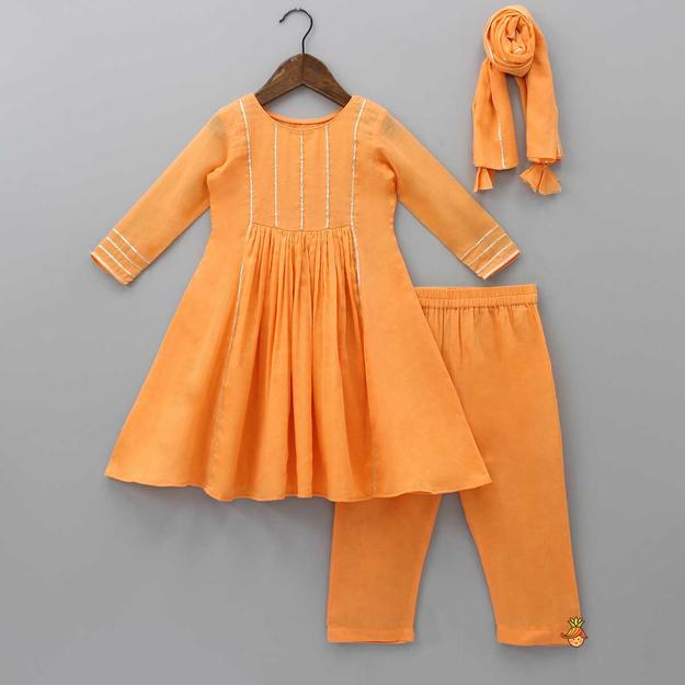 Beads Adorned Orange Kurti And Pant With Dupatta