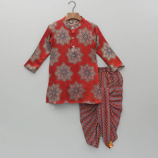 Multicolour Printed Red Kurta And Dhoti