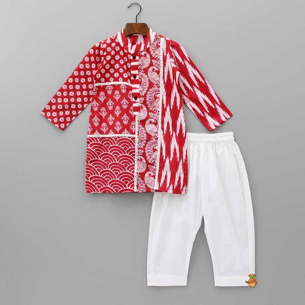 Faux Mirror Work Multi Printed Red Kurta And Pyjama