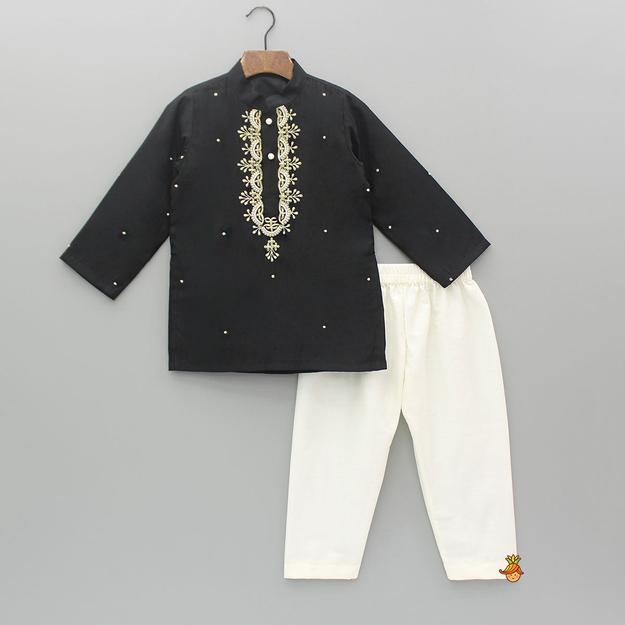 Black Hand Embroidered Kurta And Pyjama