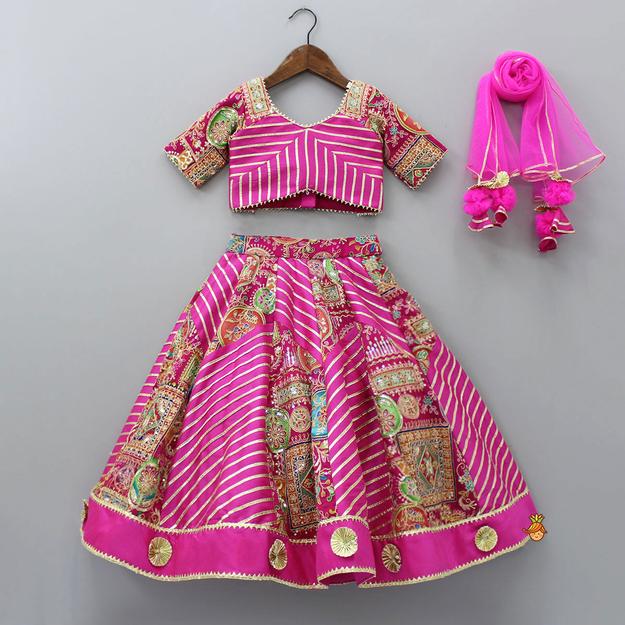 Pink Printed And Embroidered Top With Lehenga And Dupatta