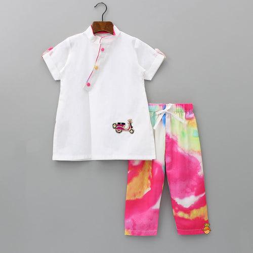 Scooty Embroidered White Kurta With Colourful Tie Dye Pyjama