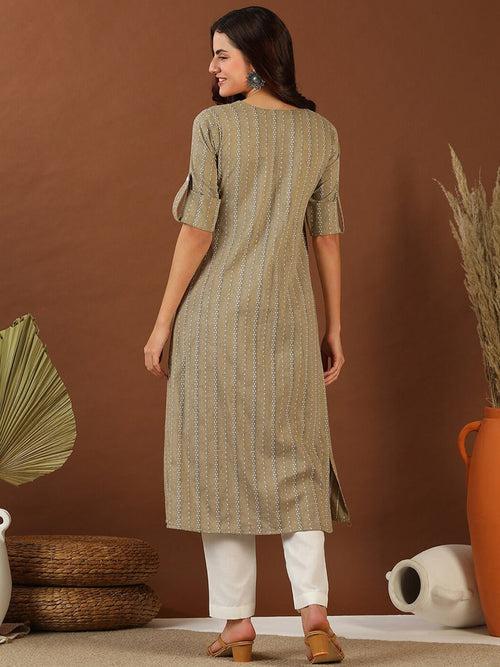 Beige Ethnic Woven Design Roll Up Sleeves Pleated Cotton A-Line Kurta