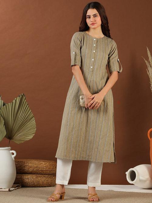 Beige Ethnic Woven Design Roll Up Sleeves Pleated Cotton A-Line Kurta