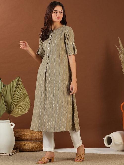 Beige Ethnic Woven Design Roll Up Sleeves Pleated Cotton A-Line Kurta