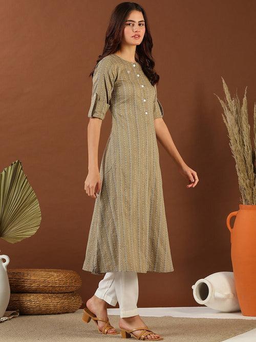 Beige Ethnic Woven Design Roll Up Sleeves Pleated Cotton A-Line Kurta