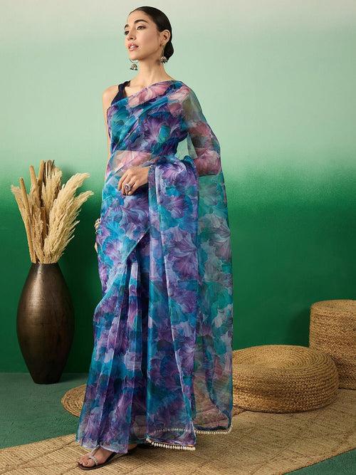 Blue Floral Digital Printed Organza Saree