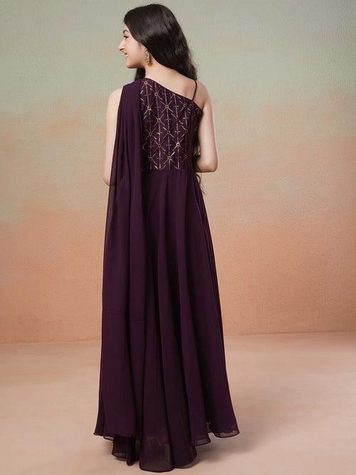 Girls Mauve Embroidered Sequined One Shoulder Georgette Maxi Ethnic Dress