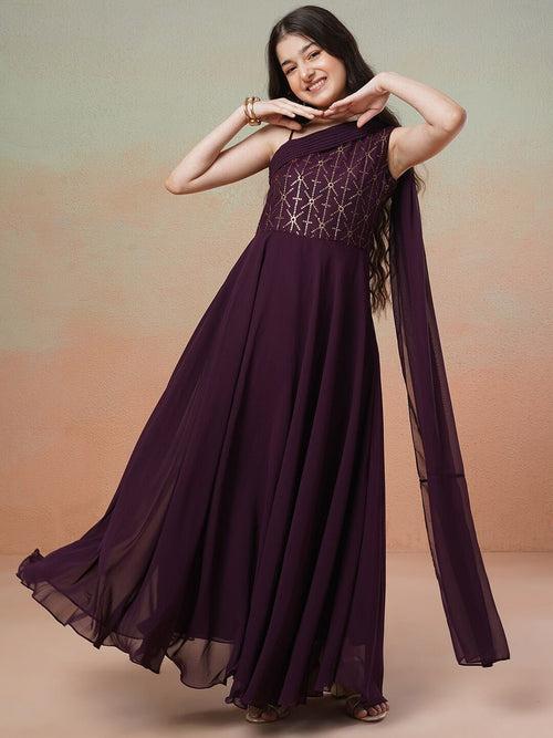Girls Mauve Embroidered Sequined One Shoulder Georgette Maxi Ethnic Dress