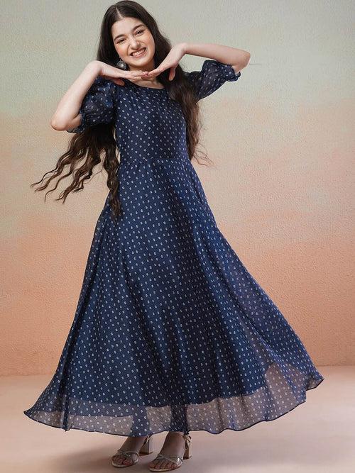 Girls Navy Blue Polka Dots Printed Bell Sleeves Flared Maxi Ethnic Dress