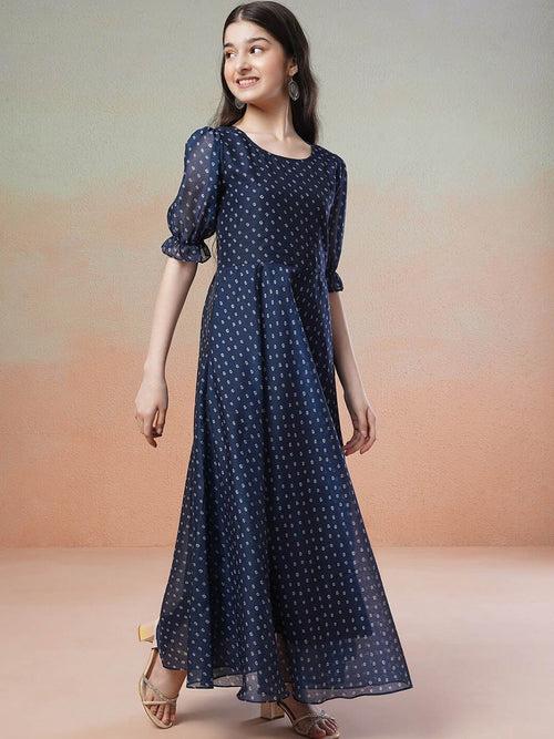 Girls Navy Blue Polka Dots Printed Bell Sleeves Flared Maxi Ethnic Dress