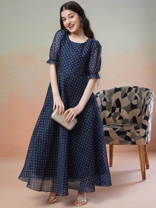 Girls Navy Blue Polka Dots Printed Bell Sleeves Flared Maxi Ethnic Dress