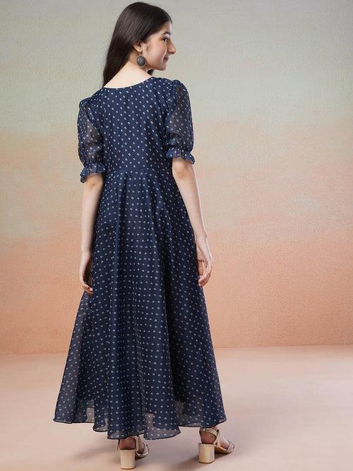 Girls Navy Blue Polka Dots Printed Bell Sleeves Flared Maxi Ethnic Dress