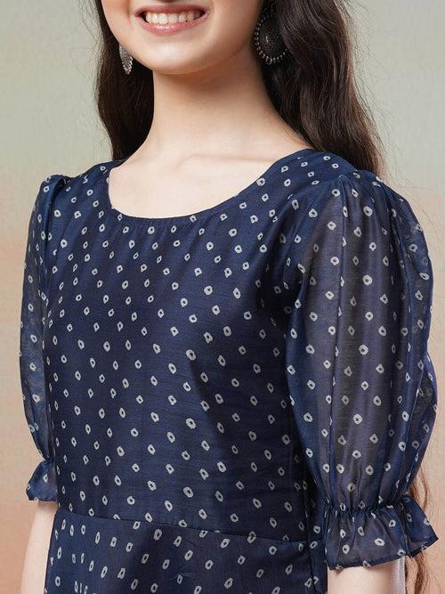 Girls Navy Blue Polka Dots Printed Bell Sleeves Flared Maxi Ethnic Dress