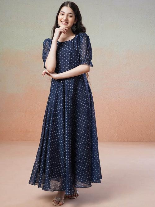 Girls Navy Blue Polka Dots Printed Bell Sleeves Flared Maxi Ethnic Dress