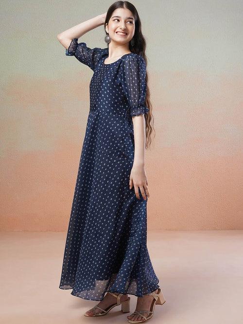 Girls Navy Blue Polka Dots Printed Bell Sleeves Flared Maxi Ethnic Dress