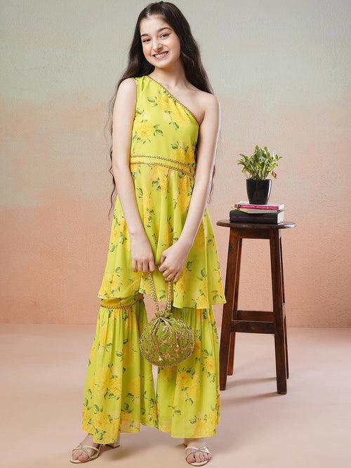 Girls yellow Floral Printed Gotta Patti Kurta with Sharara