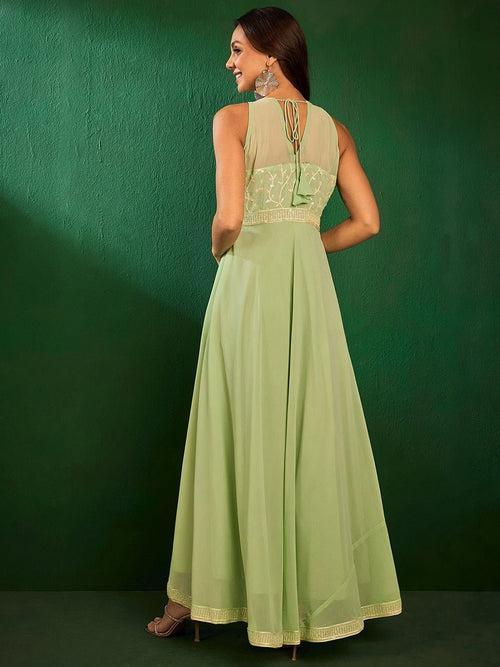 Green Embroidered Maxi Ethnic Dresses