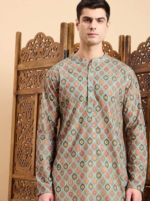 Green Floral Printed Mandarin Collar Zari Cotton A-Line Kurta