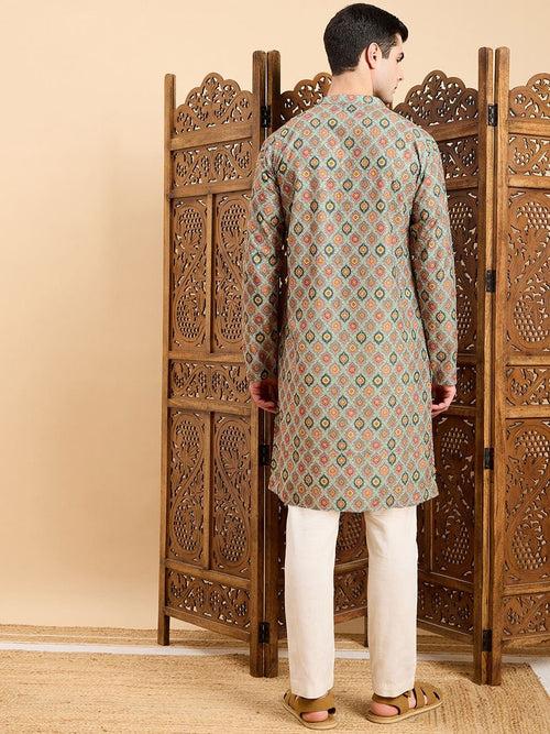 Green Floral Printed Mandarin Collar Zari Cotton A-Line Kurta