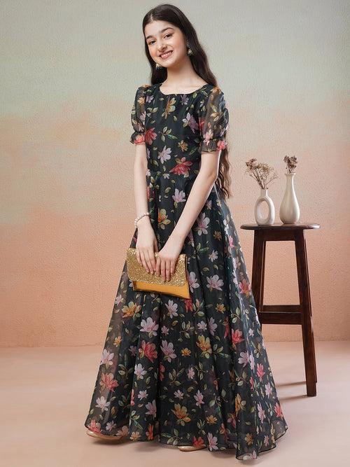 Green Girls Floral Printed Fit & Flared Maxi Ethnic Dress