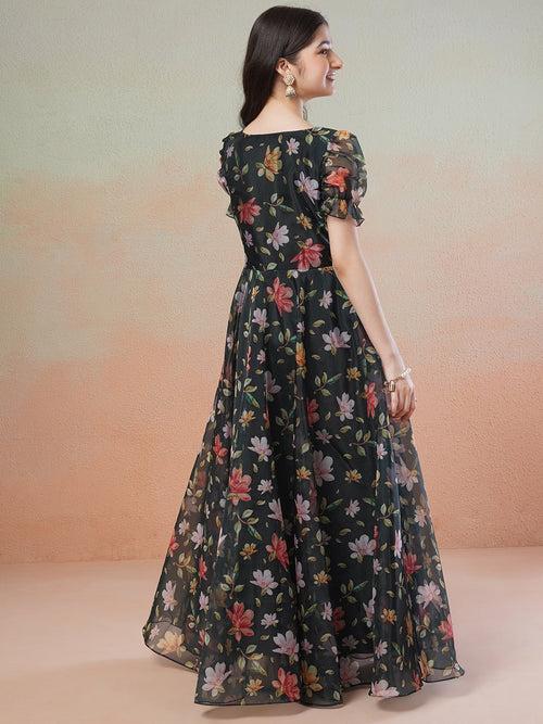 Green Girls Floral Printed Fit & Flared Maxi Ethnic Dress