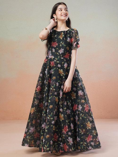 Green Girls Floral Printed Fit & Flared Maxi Ethnic Dress