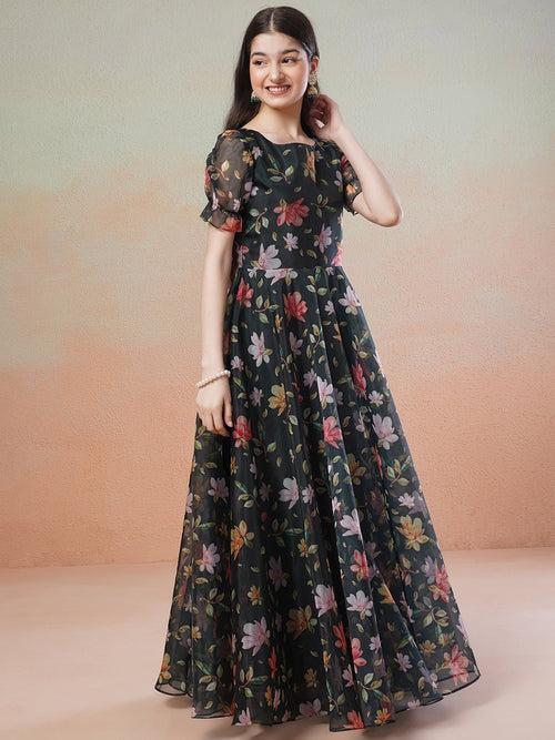 Green Girls Floral Printed Fit & Flared Maxi Ethnic Dress