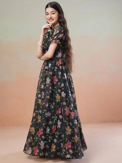 Green Girls Floral Printed Fit & Flared Maxi Ethnic Dress