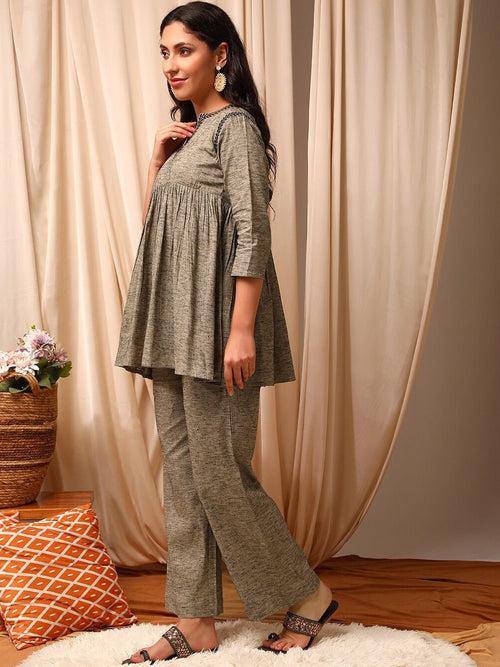 Grey V-Neck Pleated Cotton Tunic & Trousers Co-Ords