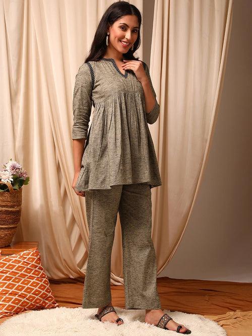 Grey V-Neck Pleated Cotton Tunic & Trousers Co-Ords