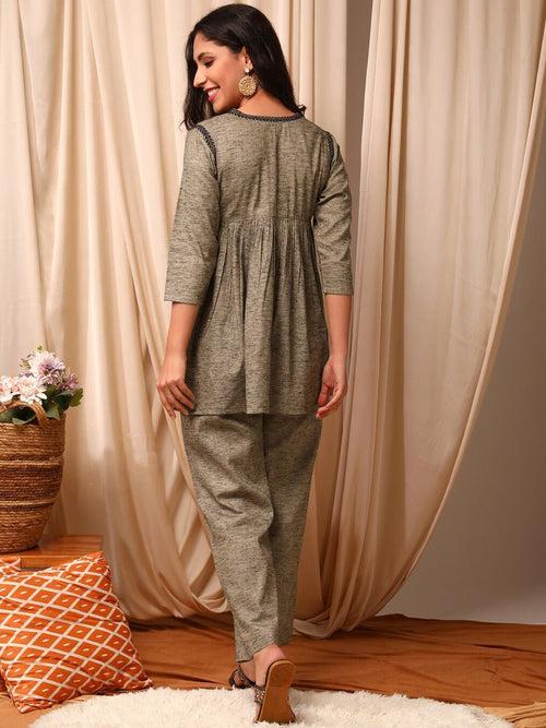 Grey V-Neck Pleated Cotton Tunic & Trousers Co-Ords