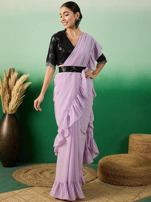 Lavender Ruffle Belted Saree With Embroidered Blouse Piece