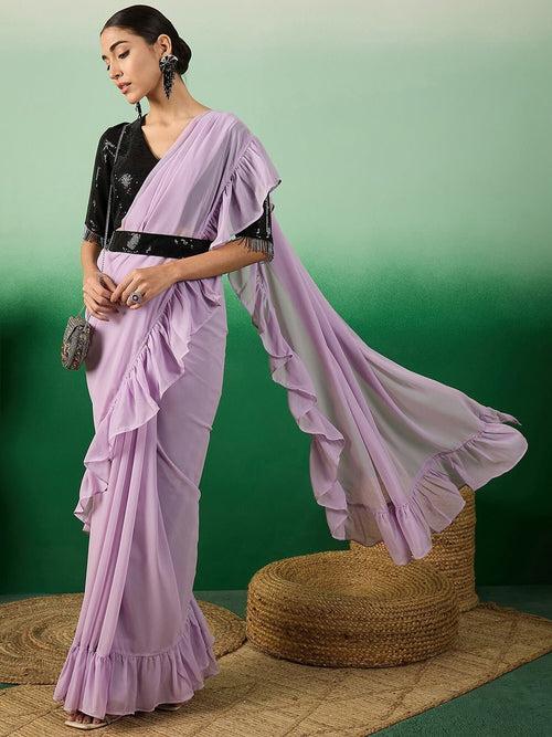 Lavender Ruffle Belted Saree With Embroidered Blouse Piece