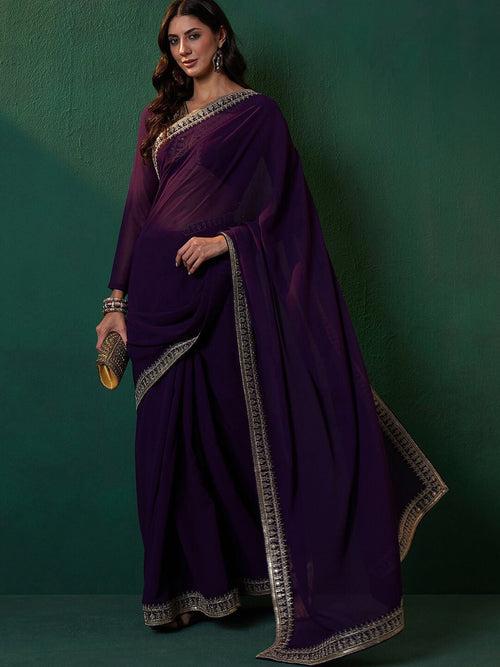 Magenta Sequined Embroidered Border Saree