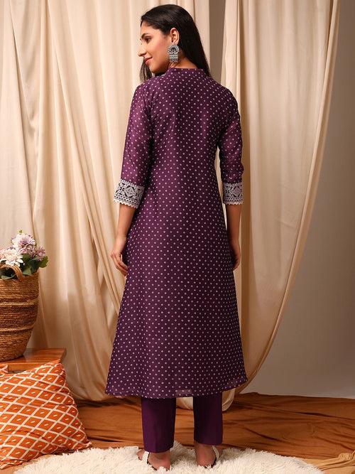 Maroon Bandhani Printed Mandarin Collar Thread Work A-Line Kurta