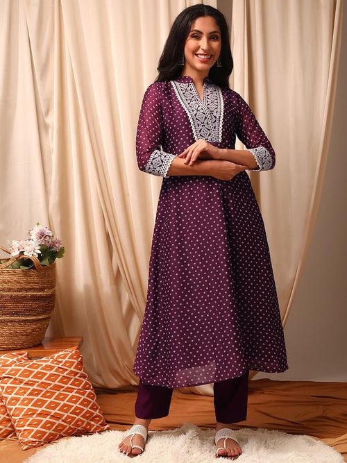 Maroon Bandhani Printed Mandarin Collar Thread Work A-Line Kurta