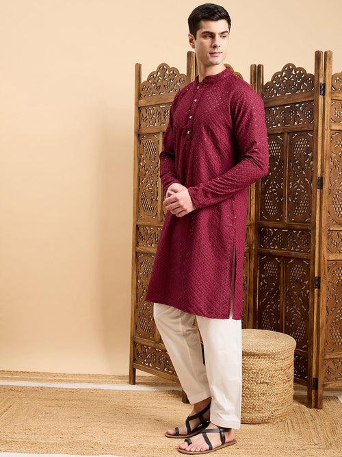 Maroon Checked Embroidered Mandarin Collar Straight Kurta