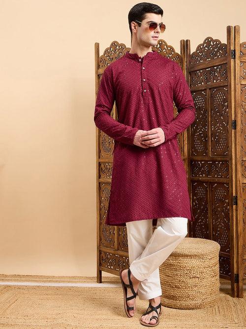 Maroon Checked Embroidered Mandarin Collar Straight Kurta