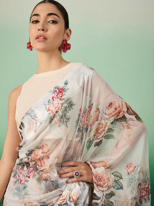 Off White Floral Printed Saree With Blouse Piece