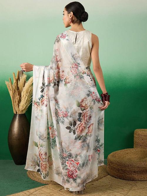 Off White Floral Printed Saree With Blouse Piece