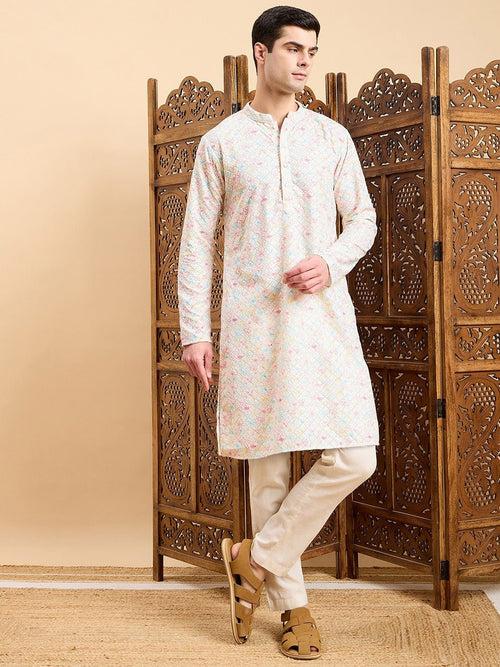 Off White Geometric Embroidered Mandarin Collar Straight Kurta