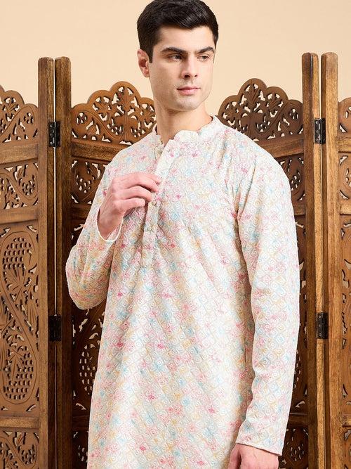 Off White Geometric Embroidered Mandarin Collar Straight Kurta