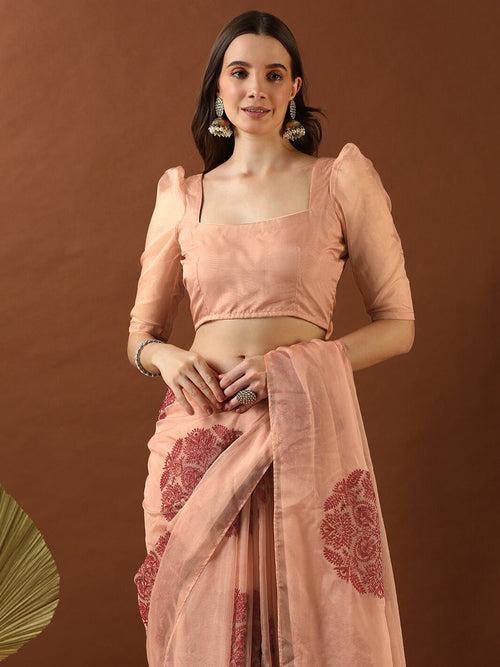 Peach Floral Embroidered Organza Saree