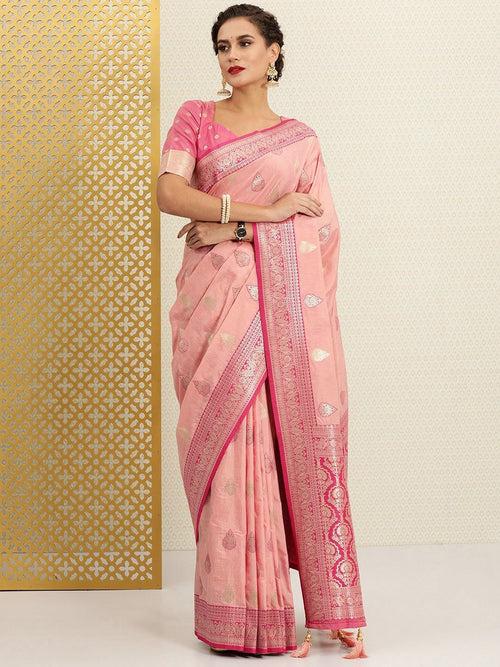 Pink Ethnic Motifs Zari Silk Cotton Banarasi Saree