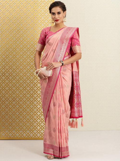 Pink Ethnic Motifs Zari Silk Cotton Banarasi Saree