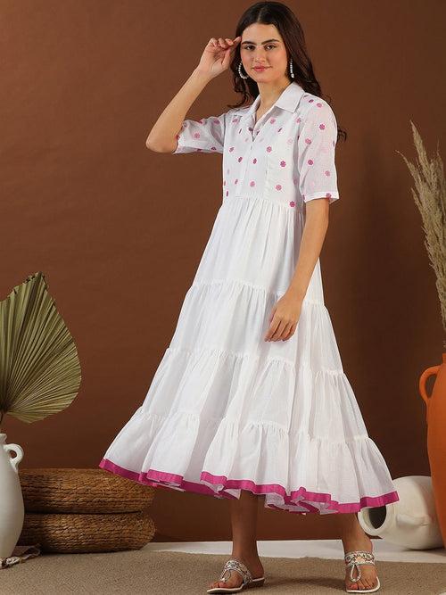 White Floral Embroidered Tiered Fit & Flared Midi Ethnic Dress