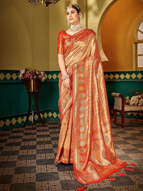 Women Orange Soft Silk Zari Woven Traditional Saree with Swaroski Diamonds